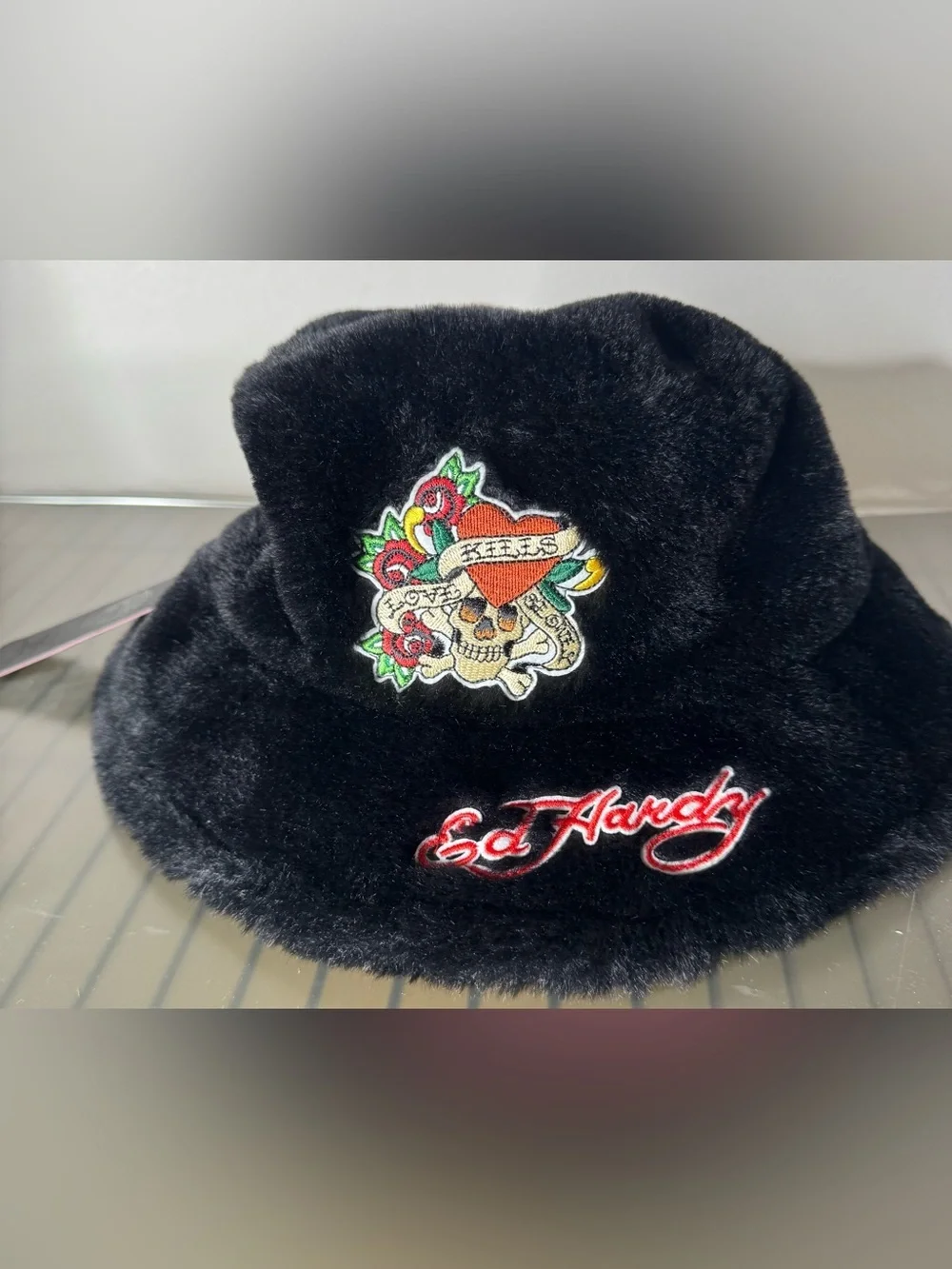 Ed Hardy Black Faux Fur Bucket Hat with Colorful Tattoo Patch velvet one size
